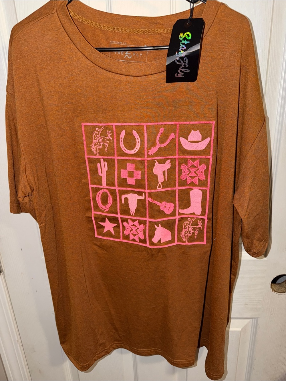 StayFly Women's Brown Short Sleeve Tee with Pink Western Graphic